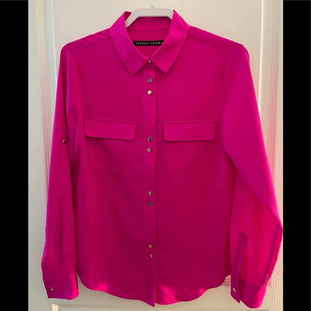 Bright Pink long sleeve blouse, with gold buttons, size M